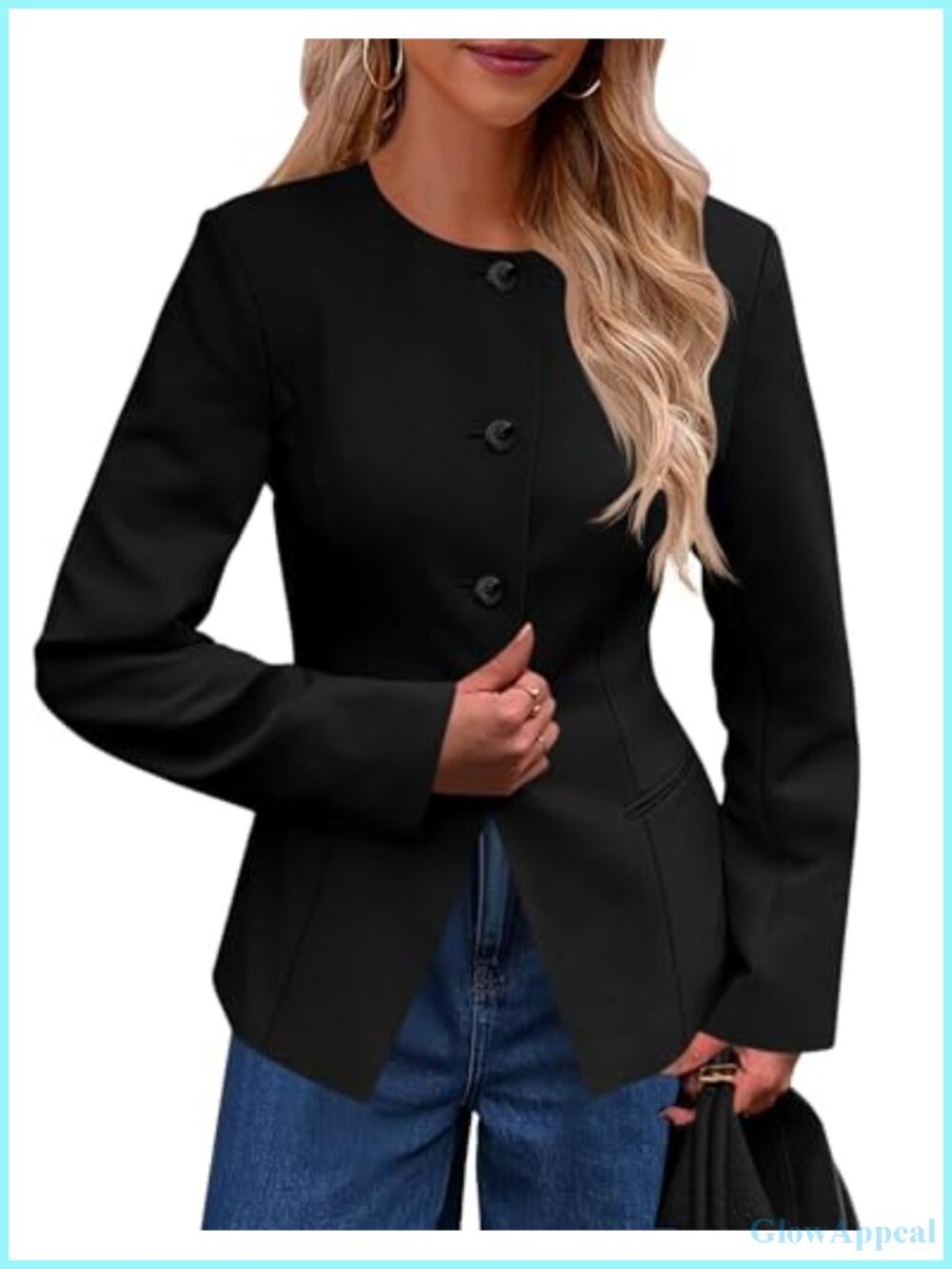 Womens Fitted Collarless Button Down Blazer Split Hem Business Casual Suit